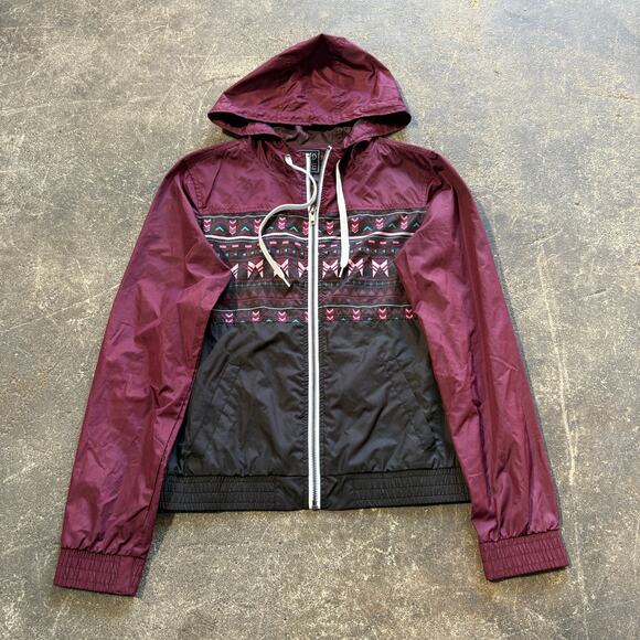 Empyre Windbreaker Jacket Womens M Red Fair Isle Full Zip Hooded Pockets Outdoor - Picture 1 of 9
